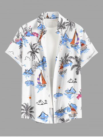 Coconut Tree Sea Waves Sailboat Flowers Print Buttons Pocket Hawaii Shirt For Men - WHITE - XL
