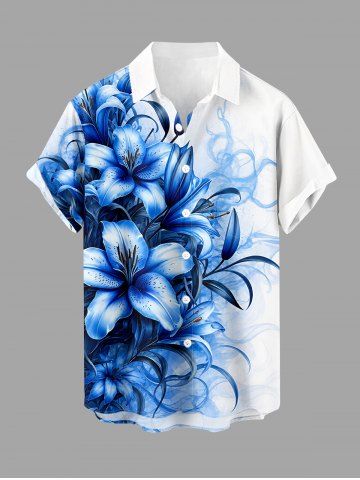 Flowers Leaf Print Buttons Pocket Hawaii Shirt For Men - BLUE - L