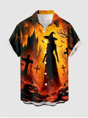 Halloween Pumpkin Castle Bat Cross Witches Print Button Pocket Shirt For Men - BURNT ORANGE - XL