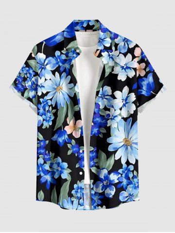 Flower Leaf Print Hawaii Button Pocket Shirt For Men - BLUE - M