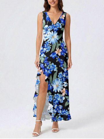 Robe hawaïenne fendue à volants imprimé fleurs et feuilles - BLUE - L