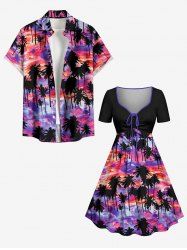 Tenue de plage Hawaii assortie pour couple avec imprimé cocotier et nuages colorés - Pourpre  