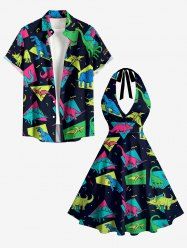 Tenue de plage hawaïenne assortie pour couples avec motif géométrique de dinosaure - Émeraude 