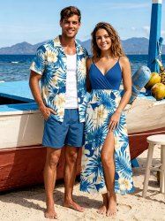 Tropical Leaf Hibiscus Flower Print Matching Hawaii Beach Outfit For Couples -  
