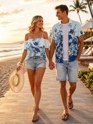 Flower Leaf Print Matching Hawaii Beach Outfit For Couples -  
