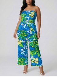 Coconut Tree Flower Print Hawaii Pocket Jumpsuit with Removable Belt and Shoulder Strap -  