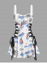 Coconut Tree Sea Waves Sailboat Flowers Print Lace Up Hawaii Tank Dress -  