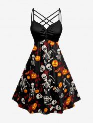 Halloween Pumpkin Skull Skeleton Bat Painting Splatter Print Ruched Lattice Crisscross Straps Dress -  