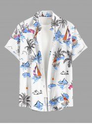 Chemise hawaïenne pour homme à imprimé cocotier, vagues, voilier et fleurs, avec boutons et poche - Blanc S