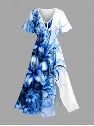 Robe midi hawaïenne à imprimé fleurs et feuilles et fente - Bleu XXS
