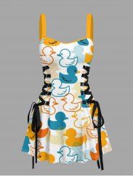 Cute Duck Print Hawaii Lace Up A Line Dress -  