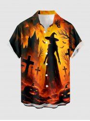 Halloween Pumpkin Castle Bat Cross Witches Print Button Pocket Shirt For Men -  