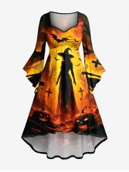 Halloween Pumpkin Castle Bat Cross Witches Print Ruched High Low Asymmetric Dress -  