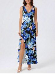Robe fendue à volants Hawaï imprimé fleurs et feuilles - Bleu XS