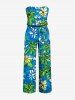 Coconut Tree Flower Print Hawaii Pocket Jumpsuit with Removable Belt and Shoulder Strap -  