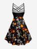 Halloween Pumpkin Skull Skeleton Bat Painting Splatter Print Ruched Lattice Crisscross Straps Dress -  