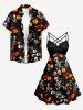 Halloween Pumpkin Skull Skeleton Bat Painting Splatter Print Ruched Lattice Crisscross Straps Dress -  