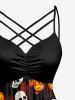 Halloween Pumpkin Skull Skeleton Bat Painting Splatter Print Ruched Lattice Crisscross Straps Dress -  
