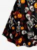 Halloween Pumpkin Skull Skeleton Bat Painting Splatter Print Ruched Lattice Crisscross Straps Dress -  