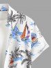 Chemise hawaïenne pour homme à imprimé cocotier, vagues, voilier et fleurs, avec boutons et poche - Blanc S