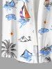 Chemise hawaïenne pour homme à imprimé cocotier, vagues, voilier et fleurs, avec boutons et poche - Blanc S