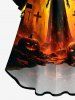 Robe asymétrique à imprimé Halloween (citrouille, château, chauve-souris, croix et sorcières) à fronces et ourlet long derrière - Orange Foncé XS