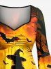 Robe asymétrique à ourlet cascade et fronces avec imprimé citrouille d'Halloween, château, chauve-souris, croix et sorcières - Orange Foncé 4X