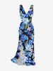 Robe fendue à volants Hawaï imprimé fleurs et feuilles - Bleu XS