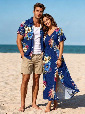Flower Leaf Branch Print Matching Hawaii Beach Outfit For Couples - CADETBLUE