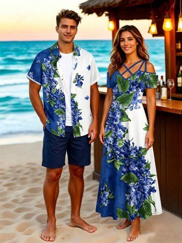 Leaf Flower Print Matching Hawaii Beach Outfit For Couples - BLUE