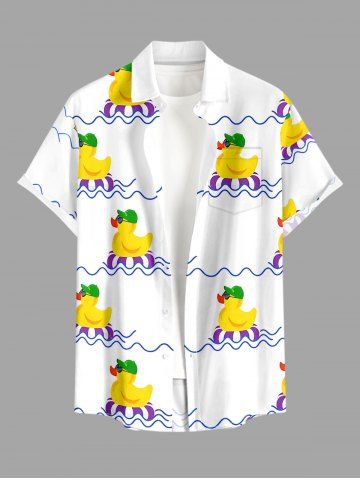 Ducks Swimming Ring Sea Waves Print Buttons Pocket Hawaii Shirt For Men - WHITE - M