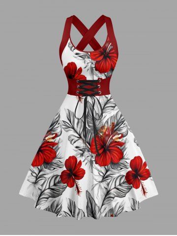 Hibiscus Flower Tropical Leaf Print Lace Up Crisscross Hawaii Tank Dress - RED - M