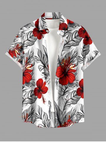 Hibiscus Flower Tropical Leaf Print Buttons Pocket Hawaii Shirt For Men - RED - L