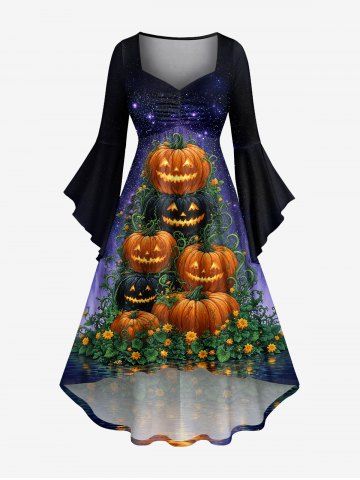 Halloween Pumpkin Flowers Galaxy Glitter 3D Print Ruched Flare Sleeves High Low Dress