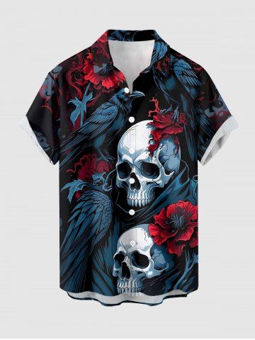 Halloween Skulls Flower Crow Print Button Pocket Shirt For Men - MIDNIGHT BLUE - 6XL