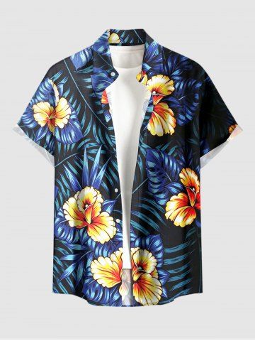Chemise hawaïenne homme à imprimé feuilles et fleurs tropicales, à boutons et poche - DEEP BLUE - 2XL