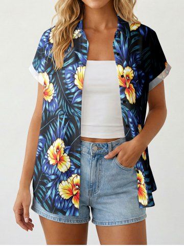 Chemise à boutons hawaïenne pour femme avec imprimé tropical de feuilles et de fleurs - DEEP BLUE - S