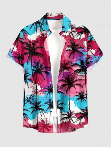 Chemise hawaïenne à imprimé cocotier et ciel nuageux, poche boutonnée - ROSE RED - 2XL