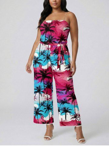 Combinaison hawaïenne à poches à imprimé cocotier et ciel nuageux, avec ceinture et bretelles amovibles - ROSE RED - 1X