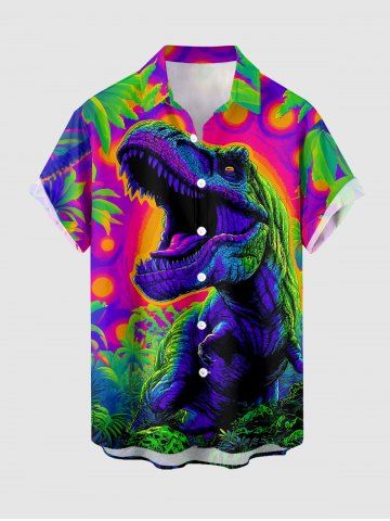 Coconut Tree Dinosaur Print Hawaii Button Pocket Shirt - PURPLE - M