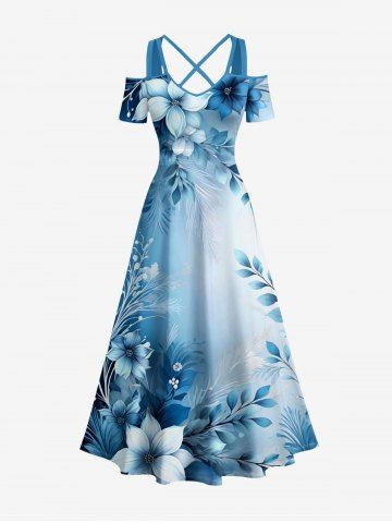 Robe trapèze hawaïenne à épaules dénudées et bretelles croisées, imprimé dégradé floral et feuillage - DENIM BLUE - 2X