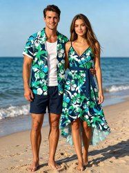 Coconut Tree Hibiscus Flower Print Matching Hawaii Beach Outfit For Couples -  