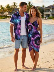 Spiral Tie Dye Galaxy Flower Print Matching Hawaii Beach Outfit For Couples -  