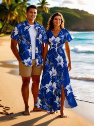 Flowers Leaf Print Matching Hawaii Beach Outfit For Couples -  