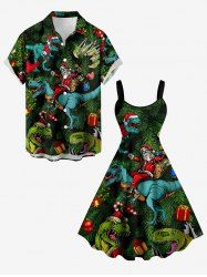 Tenue de plage hawaïenne assortie pour couples à imprimé Père Noël dinosaure cadeau bonbon - Vert profond 