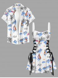 Coconut Tree Sea Waves Sailboat Flowers Print Matching Hawaii Beach Outfit For Couples -  