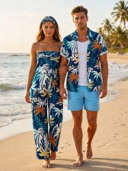 Coconut Tree Print Matching Hawaii Beach Outfit For Couples -  