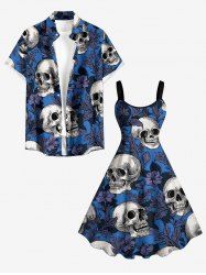 Tenue de plage hawaïenne assortie à imprimé crânes, fleurs, feuilles et branches pour couples - Bleu 