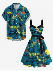 Tenue assortie de plage hawaïenne pour les couples avec imprimé graffiti dinosaure tigre lettres - Paon Bleu 