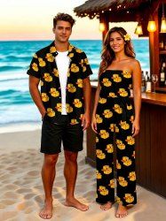 Building Blocks Duck Print Matching Hawaii Beach Outfit For Couples -  